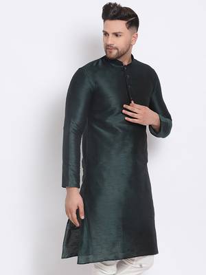 Men's Art Silk Solid Fourleaf Green Colour Straight Kurta 3