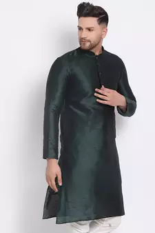 Men's Art Silk Solid Fourleaf Green Colour Straight Kurta