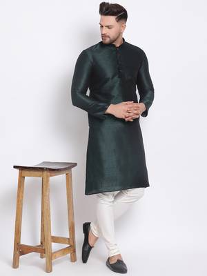 Men's Art Silk Solid Fourleaf Green Colour Straight Kurta 5