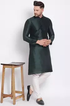 Men's Art Silk Solid Fourleaf Green Colour Straight Kurta