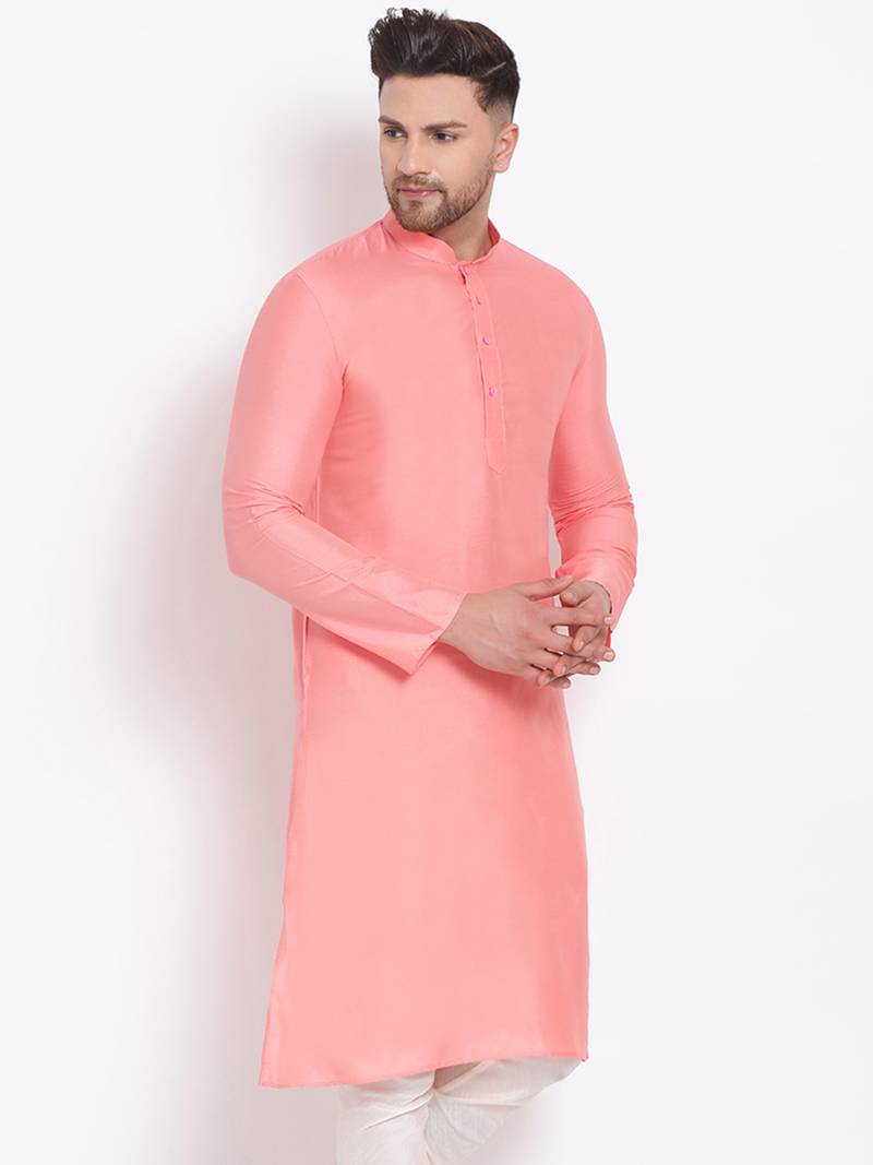 Men's Cotton Silk Solid Blush Colour Straight Kurta