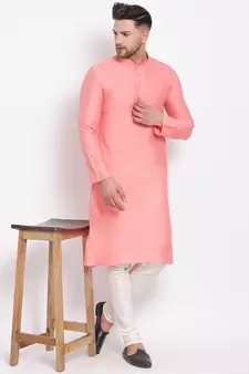 Men's Cotton Silk Solid Blush Colour Straight Kurta