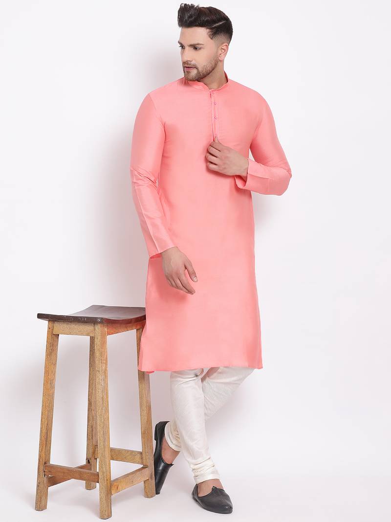Men's Cotton Silk Solid Blush Colour Straight Kurta