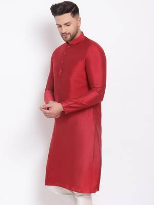 Men's Cotton Silk Solid Maroon Colour Straight Kurta 2