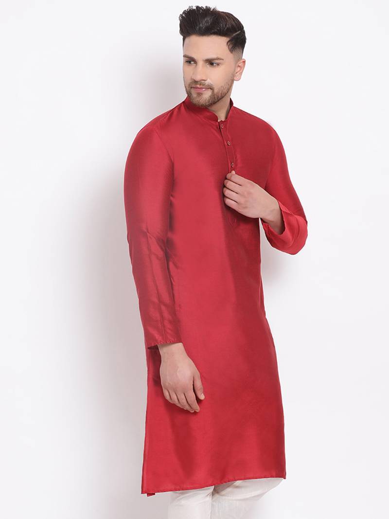 Men's Cotton Silk Solid Maroon Colour Straight Kurta