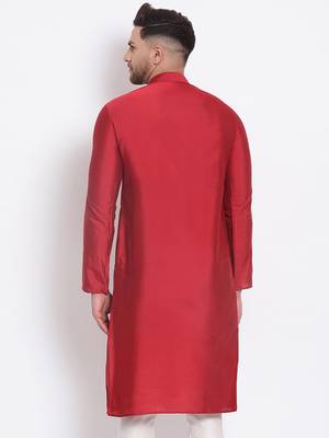 Men's Cotton Silk Solid Maroon Colour Straight Kurta 4