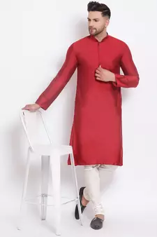 Men's Cotton Silk Solid Maroon Colour Straight Kurta