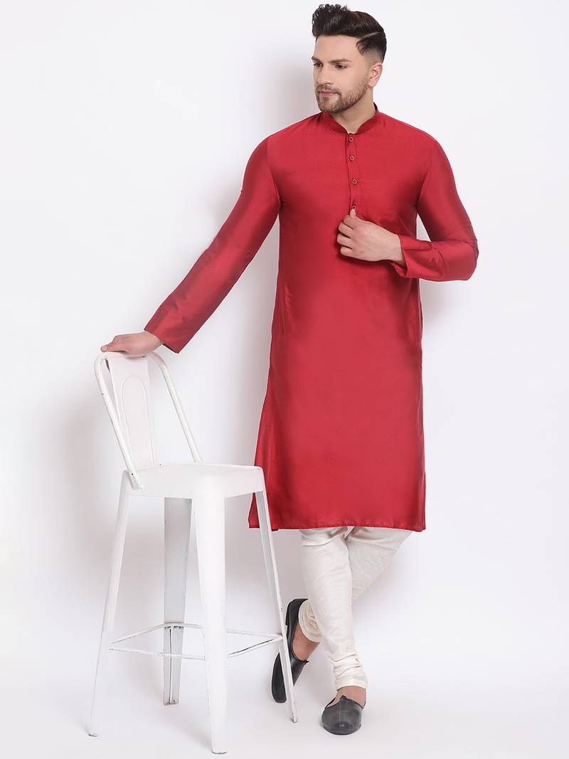 Men's Cotton Silk Solid Maroon Colour Straight Kurta