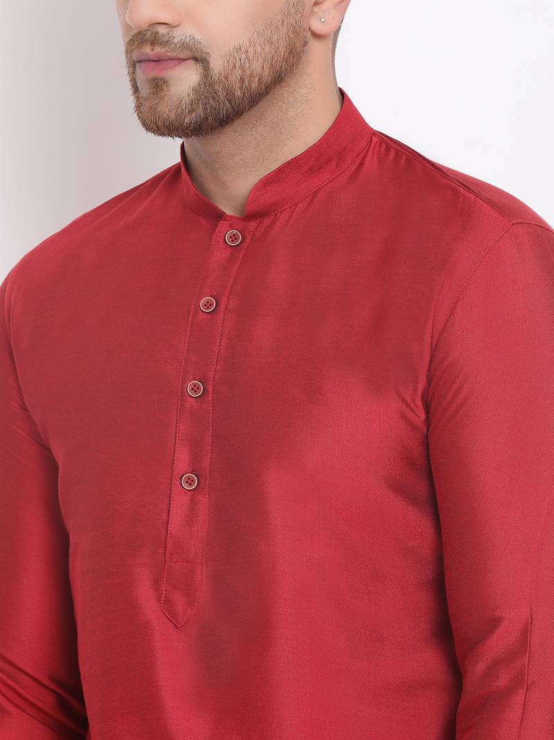 Men's Cotton Silk Solid Maroon Colour Straight Kurta