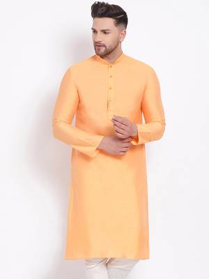 Men's Cotton Silk Solid Papaya Colour Straight Kurta 1
