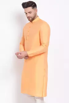 Men's Cotton Silk Solid Papaya Colour Straight Kurta
