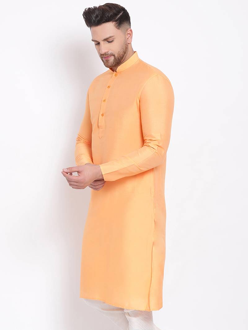 Men's Cotton Silk Solid Papaya Colour Straight Kurta