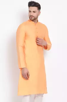 Men's Cotton Silk Solid Papaya Colour Straight Kurta