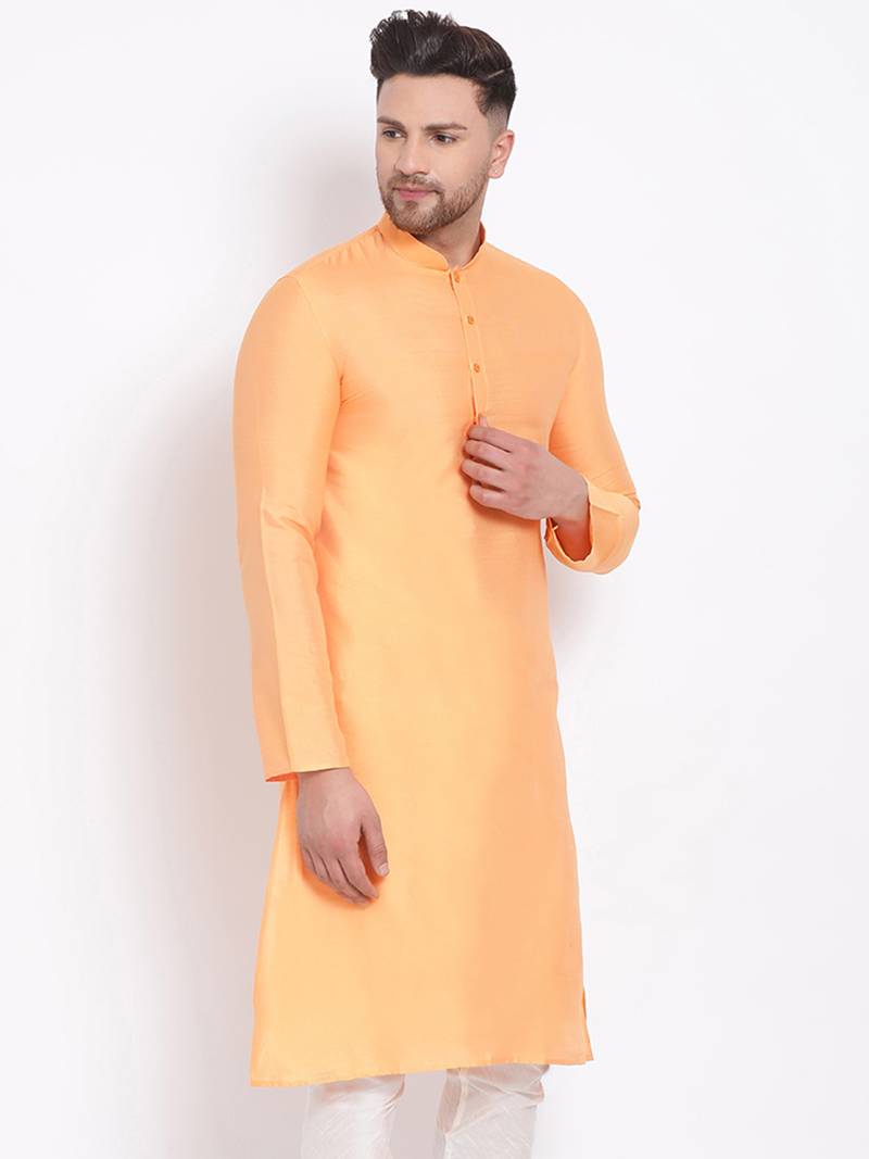 Men's Cotton Silk Solid Papaya Colour Straight Kurta
