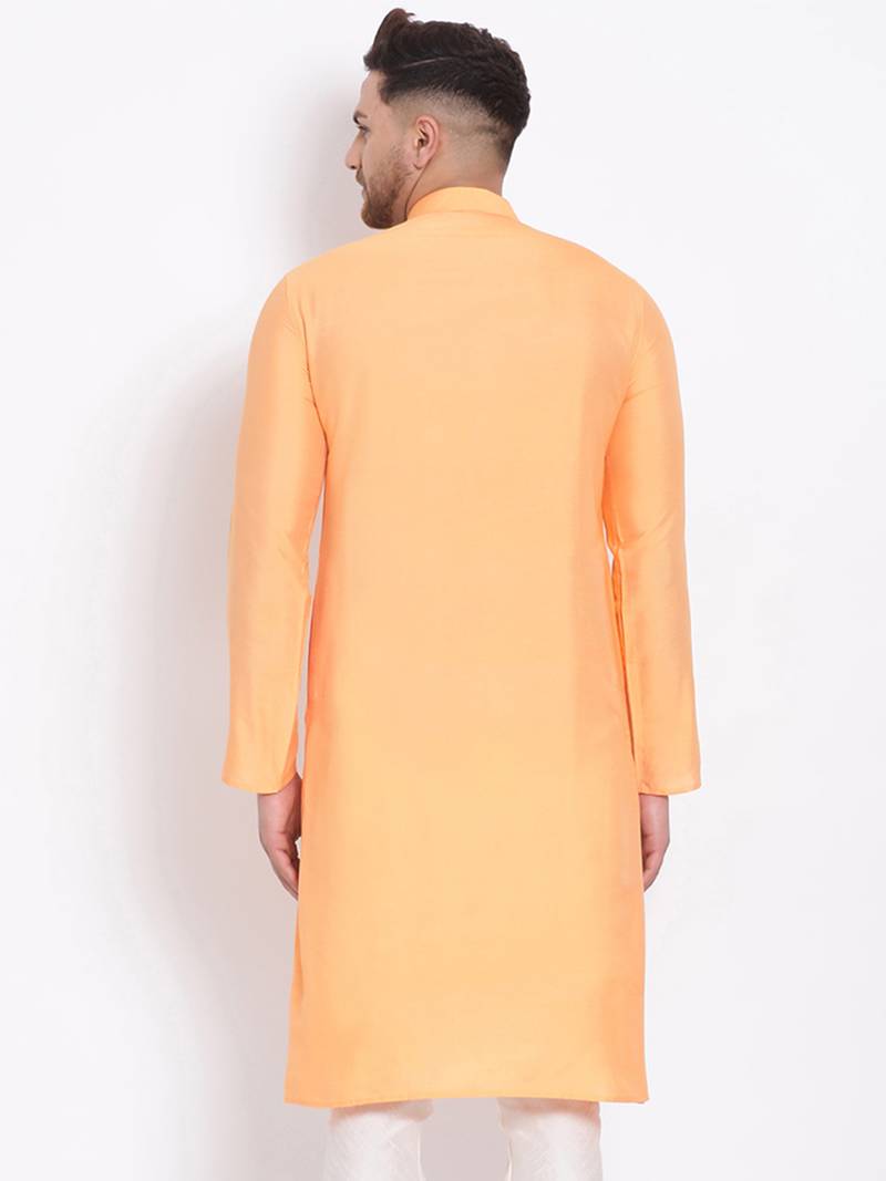 Men's Cotton Silk Solid Papaya Colour Straight Kurta