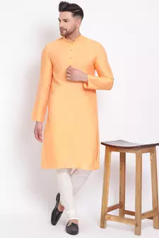 Men's Cotton Silk Solid Papaya Colour Straight Kurta