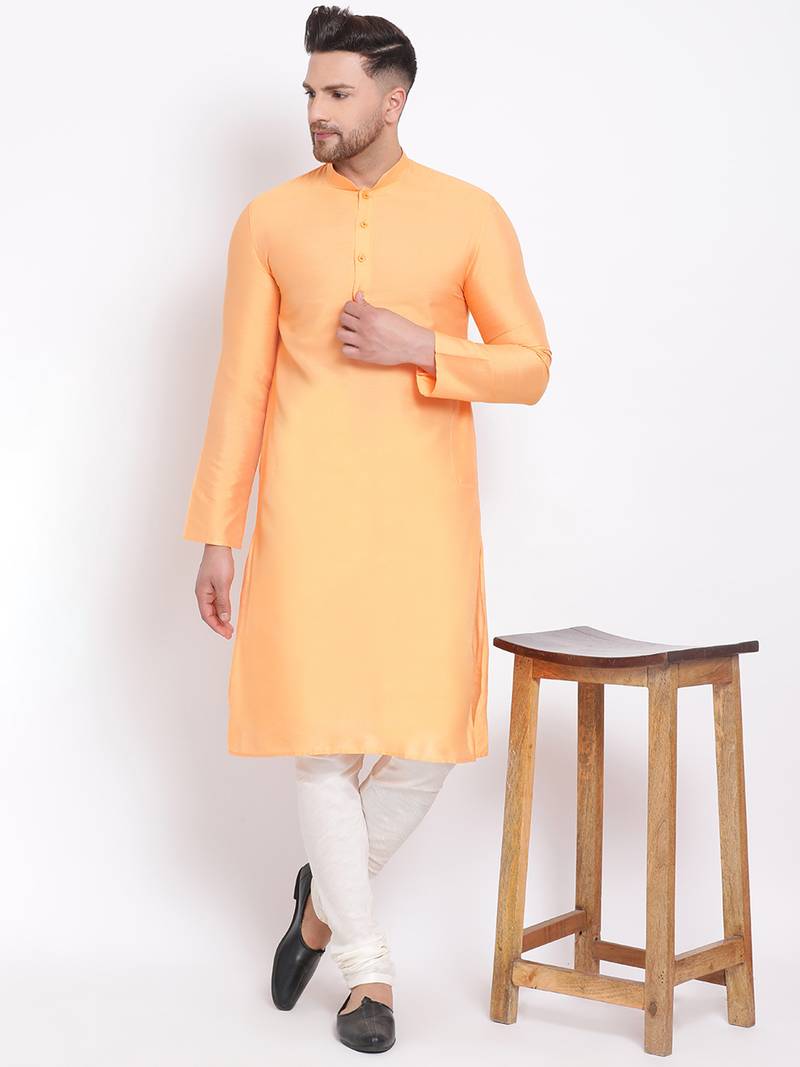 Men's Cotton Silk Solid Papaya Colour Straight Kurta
