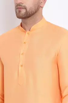 Men's Cotton Silk Solid Papaya Colour Straight Kurta