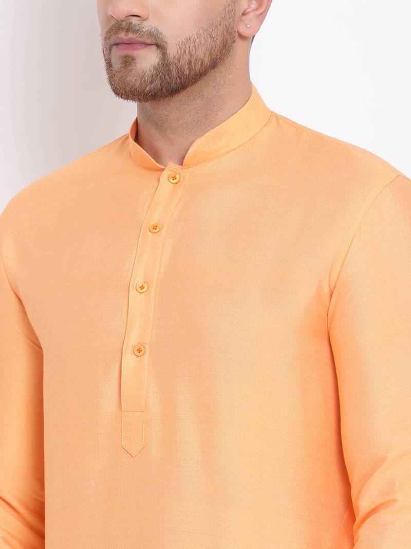 Men's Cotton Silk Solid Papaya Colour Straight Kurta
