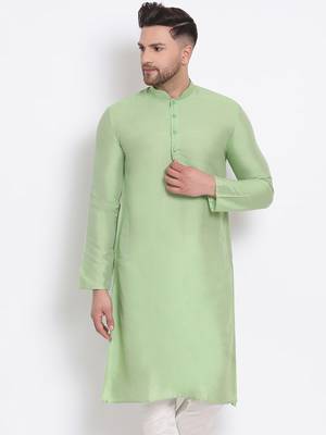 Men's Cotton Silk Solid Parrot Green Colour Straight Kurta 1