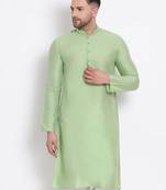 Men's Cotton Silk Solid Parrot Green Colour Straight Kurta
