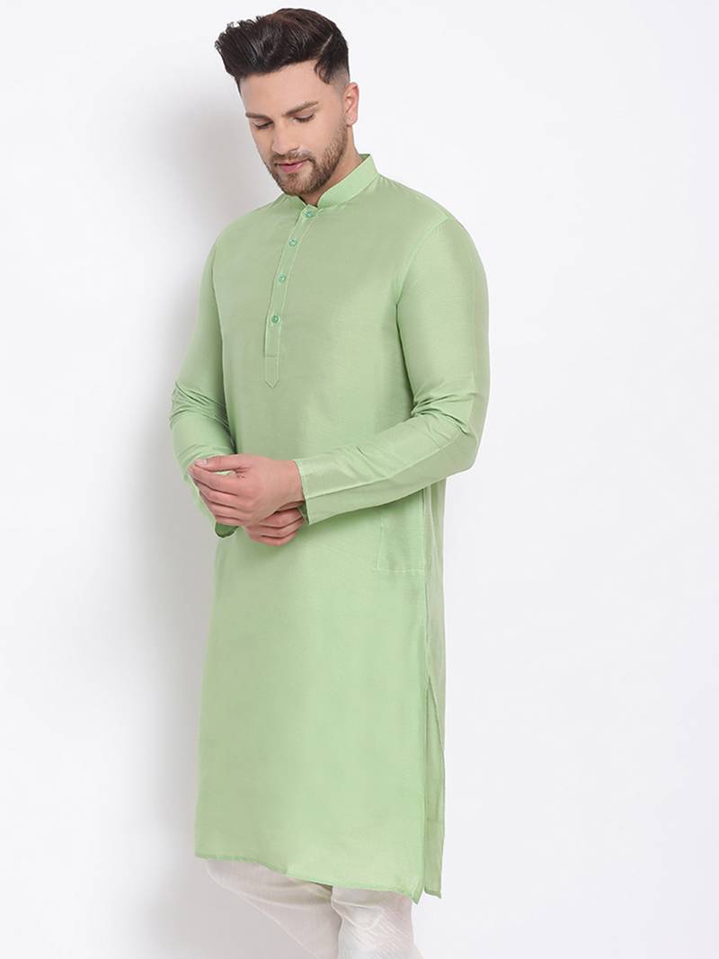 Men's Cotton Silk Solid Parrot Green Colour Straight Kurta