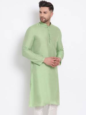 Men's Cotton Silk Solid Parrot Green Colour Straight Kurta 3
