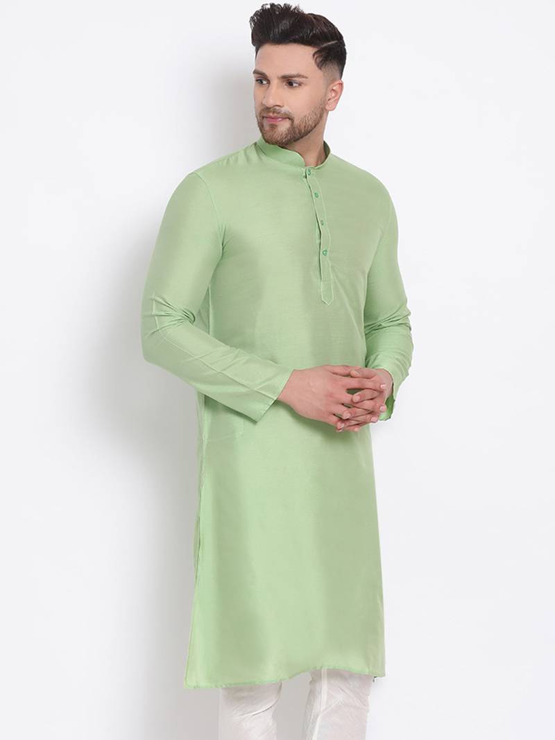 Men's Cotton Silk Solid Parrot Green Colour Straight Kurta