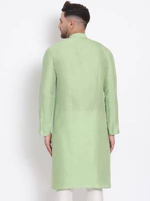 Men's Cotton Silk Solid Parrot Green Colour Straight Kurta 4