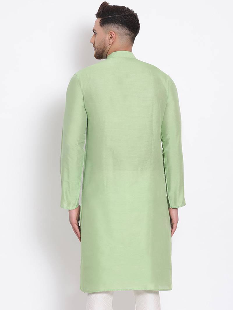 Men's Cotton Silk Solid Parrot Green Colour Straight Kurta