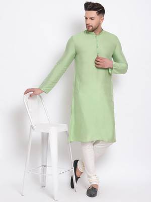 Men's Cotton Silk Solid Parrot Green Colour Straight Kurta 5