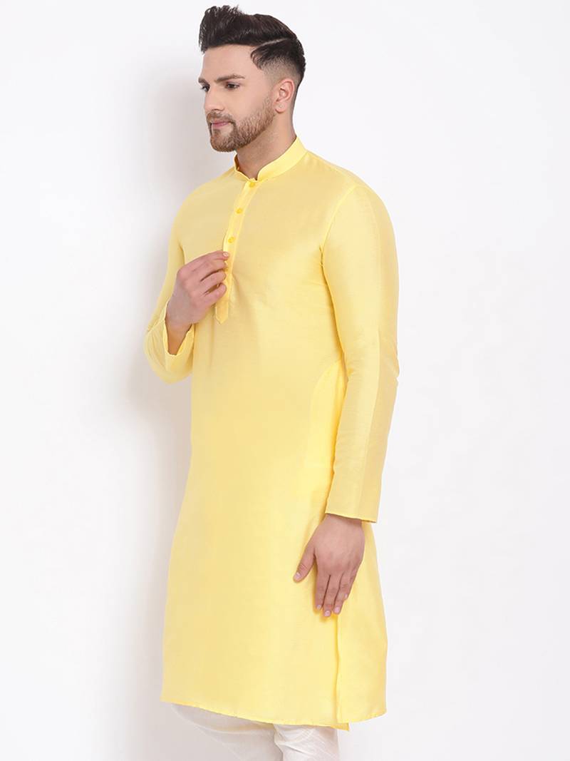Men's Cotton Silk Solid Lemon Colour Straight Kurta