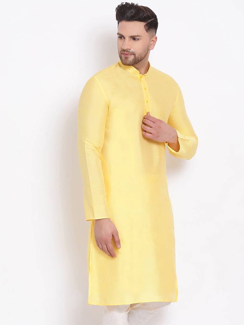 Men's Cotton Silk Solid Lemon Colour Straight Kurta