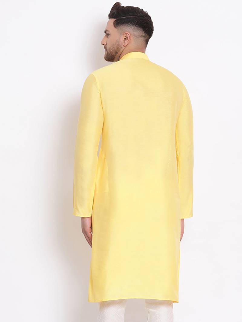 Men's Cotton Silk Solid Lemon Colour Straight Kurta