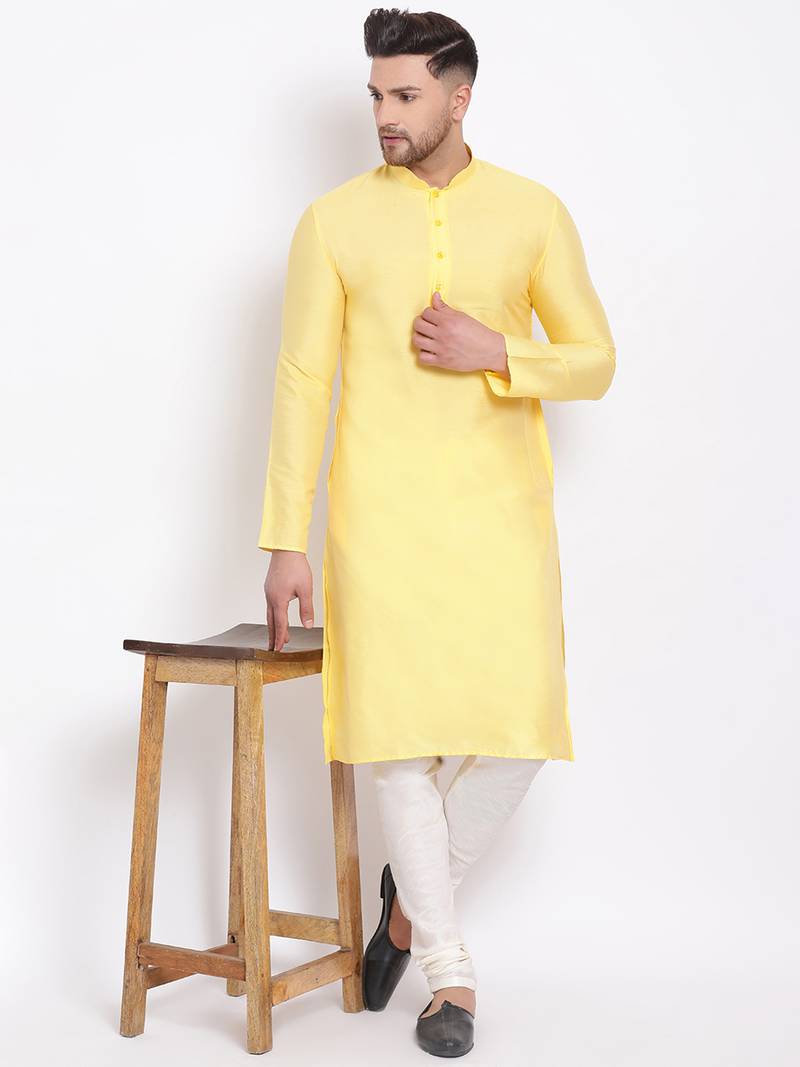 Men's Cotton Silk Solid Lemon Colour Straight Kurta