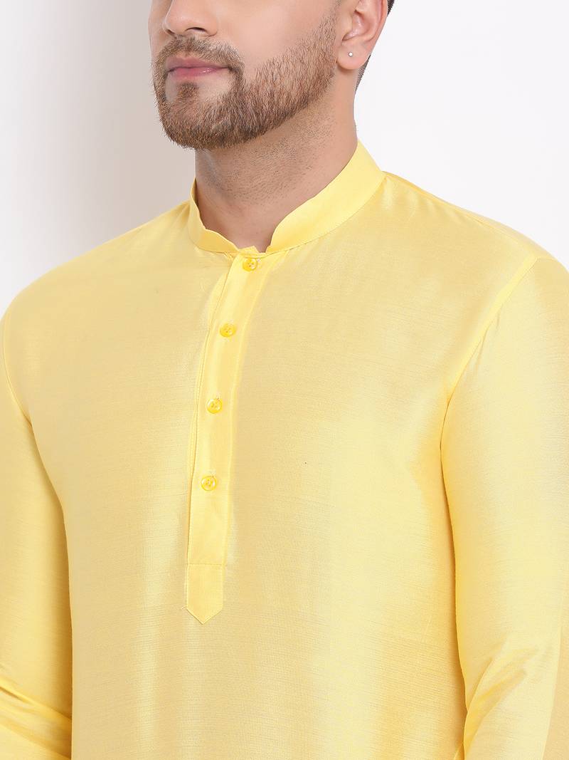Men's Cotton Silk Solid Lemon Colour Straight Kurta