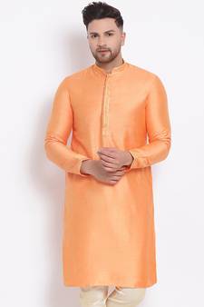 Men's Art Silk Solid Orange Colour Straight Short Kurta