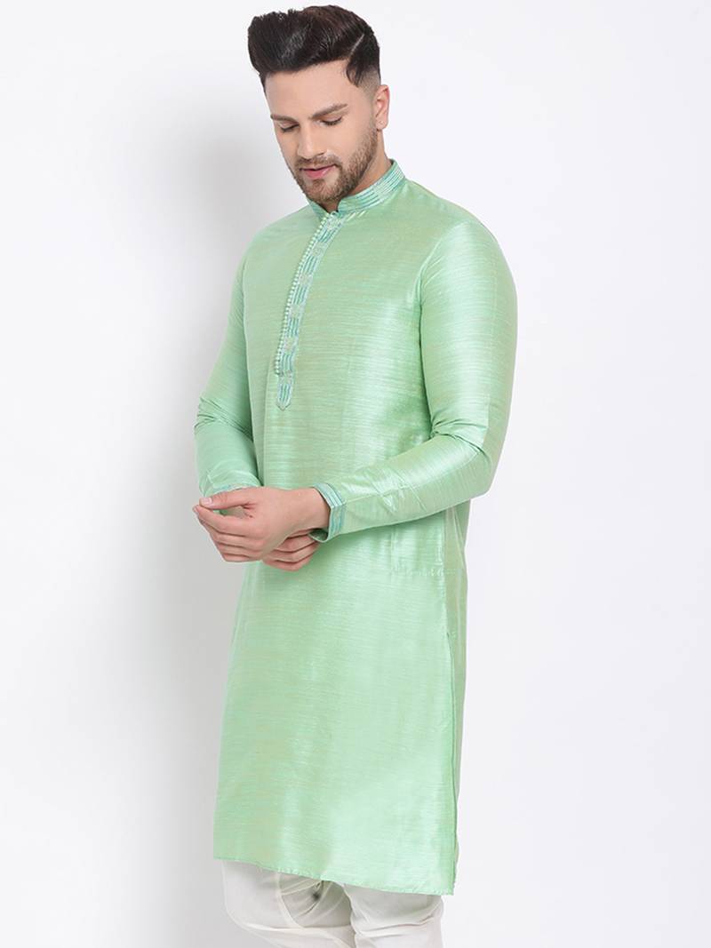 Men's Art Silk Solid Pista Green Colour Straight Short Kurta