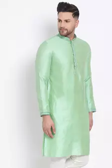 Men's Art Silk Solid Pista Green Colour Straight Short Kurta