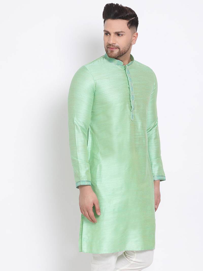 Men's Art Silk Solid Pista Green Colour Straight Short Kurta