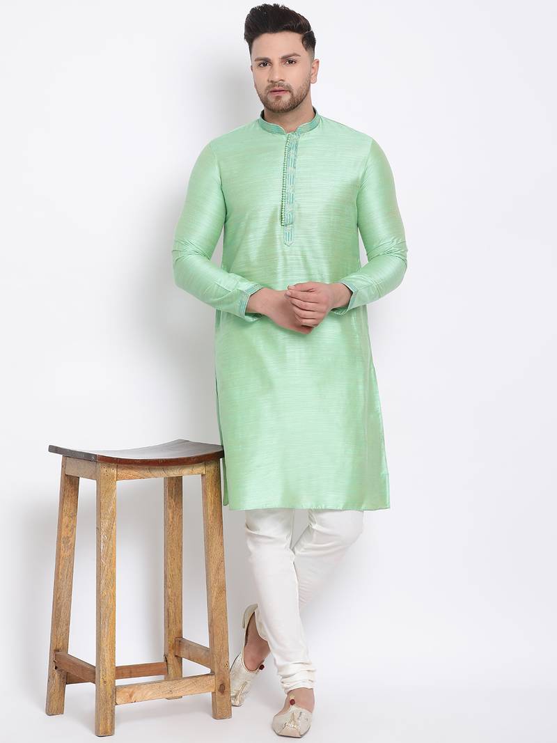 Men's Art Silk Solid Pista Green Colour Straight Short Kurta