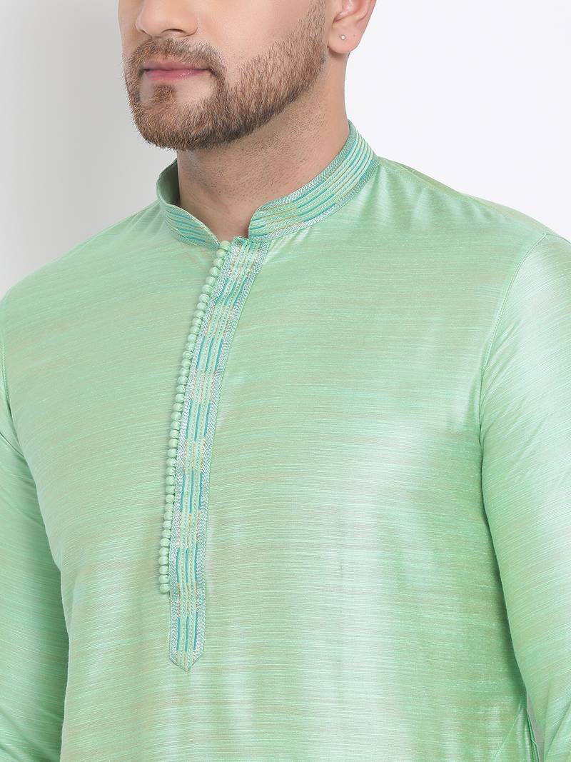 Men's Art Silk Solid Pista Green Colour Straight Short Kurta