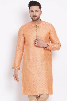 Men's Art Silk Woven Pattern Tender Peach Colour Straight Short Kurta