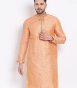 Men's Art Silk Woven Pattern Tender Peach Colour Straight Short Kurta