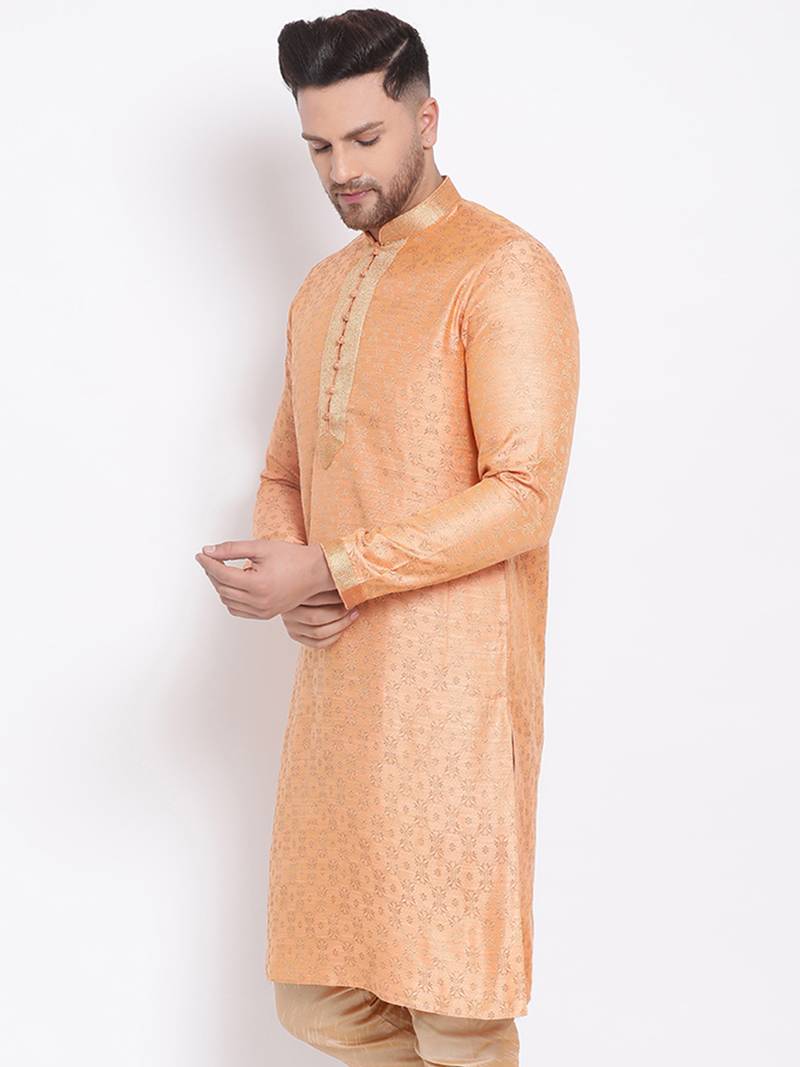 Men's Art Silk Woven Pattern Tender Peach Colour Straight Short Kurta