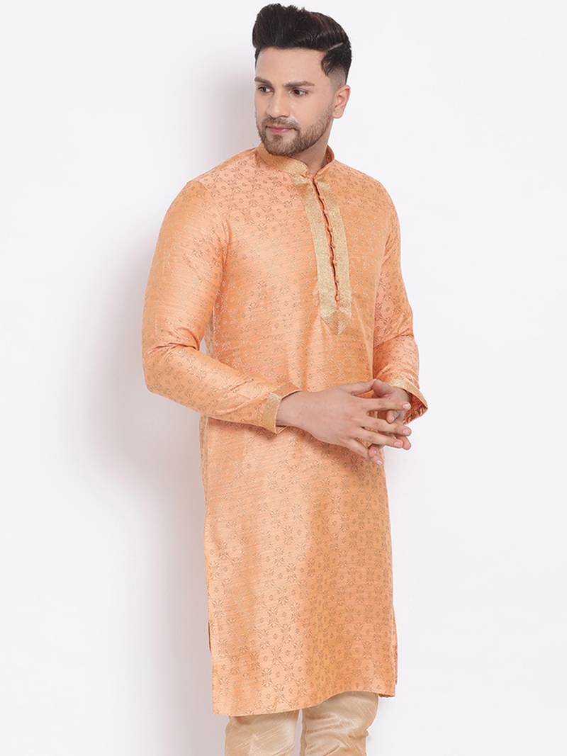 Men's Art Silk Woven Pattern Tender Peach Colour Straight Short Kurta