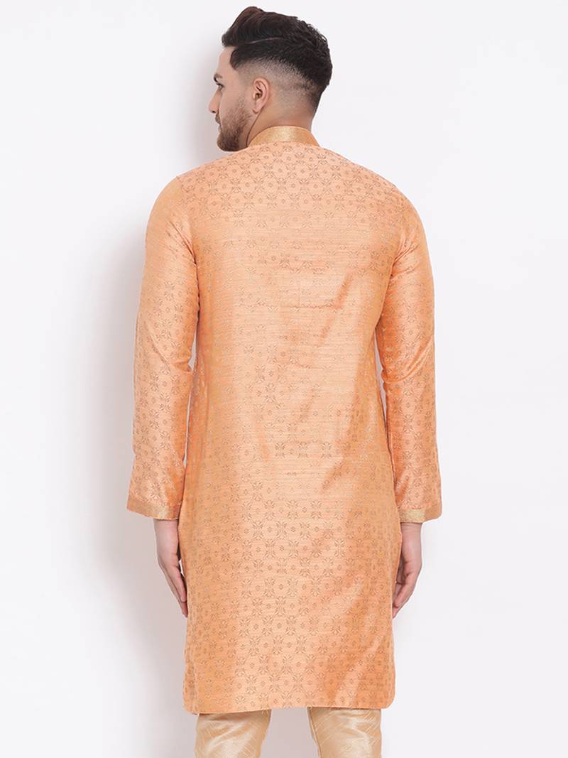 Men's Art Silk Woven Pattern Tender Peach Colour Straight Short Kurta