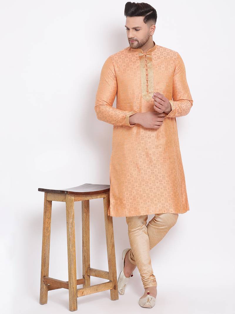 Men's Art Silk Woven Pattern Tender Peach Colour Straight Short Kurta