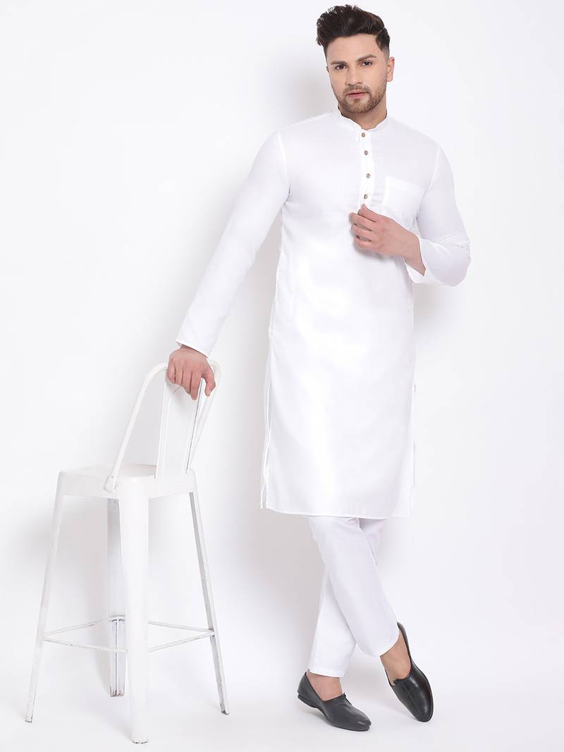 Men's Cotton Solid Off White Colour Straight Kurta