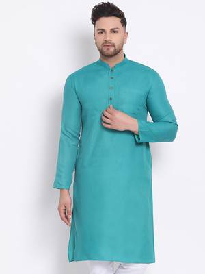 Men's Cotton Solid Jade Green Colour Straight Kurta 1